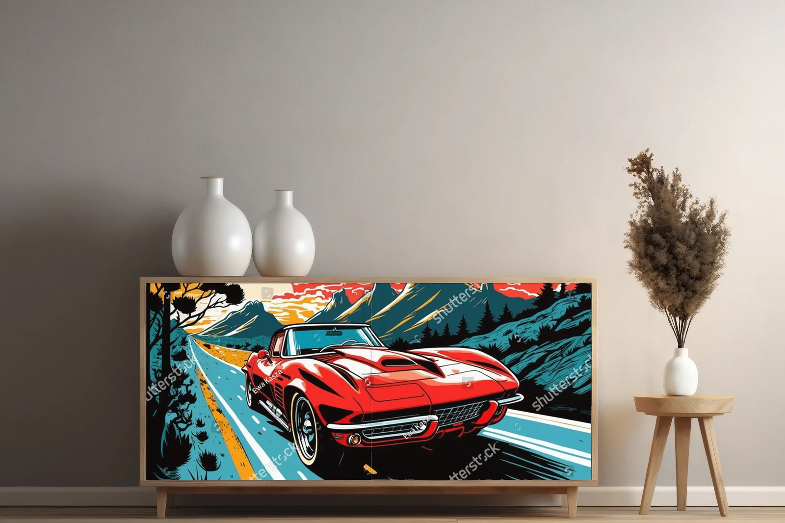 Retro wyścigowe auto na tle kolorowych pejzaży