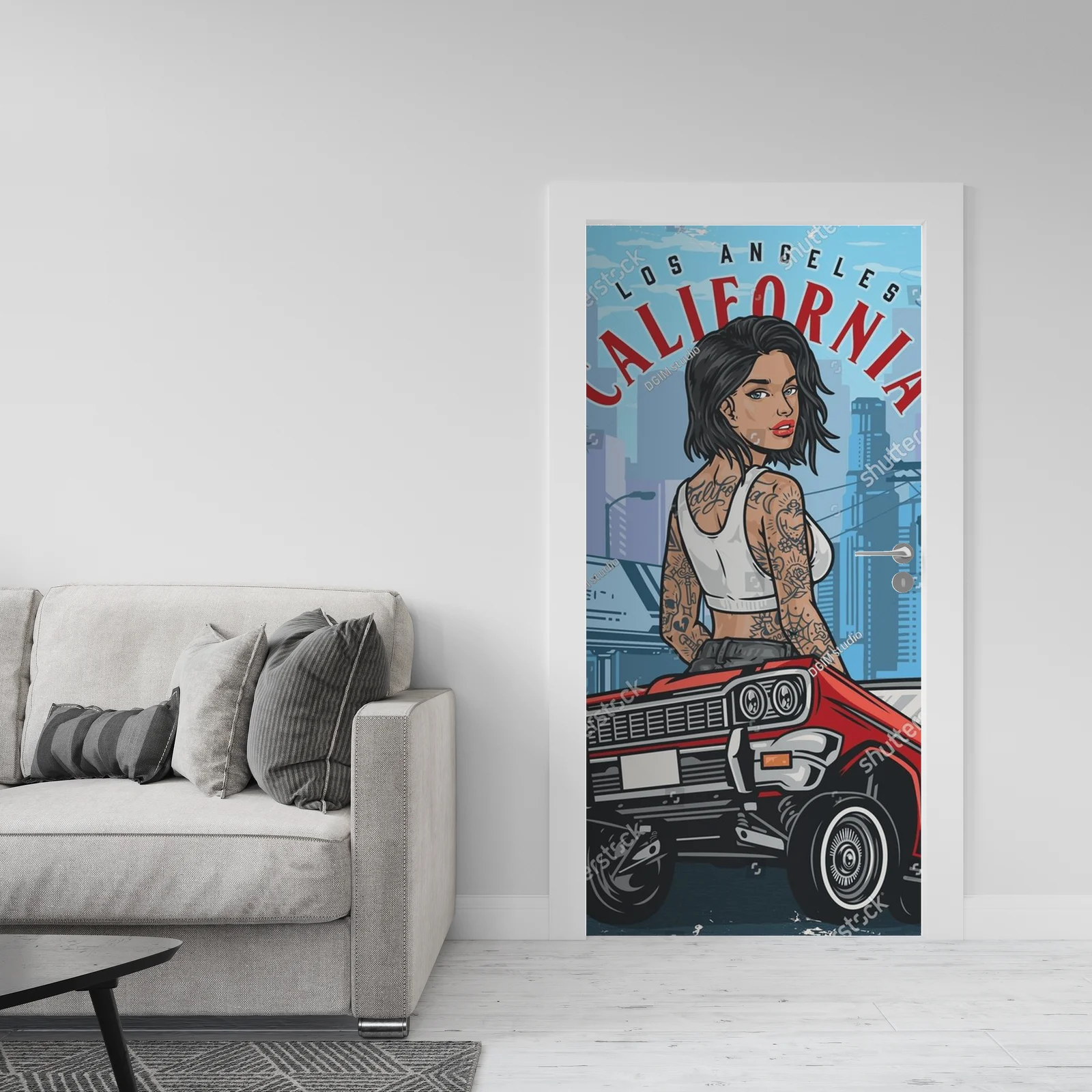 Kolorowy plakat z hot girl za kółkiem w stylu vintage