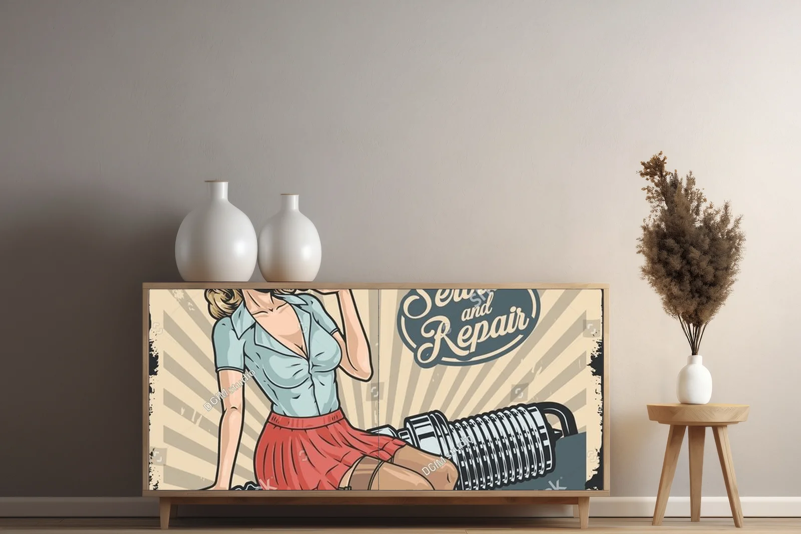 Kolorowy vintage garage: pin-up w akcji