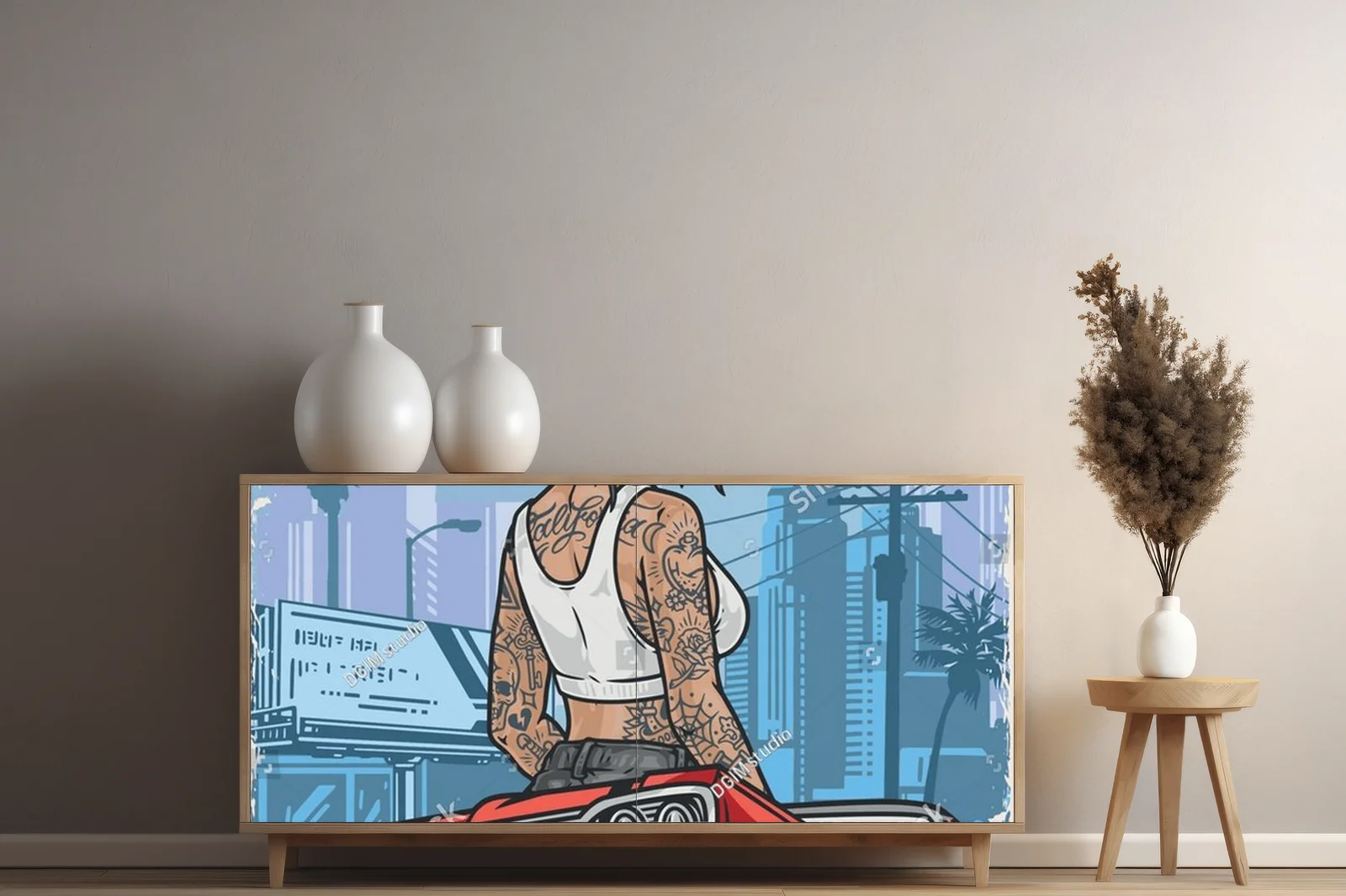 Kolorowy plakat z hot girl za kółkiem w stylu vintage