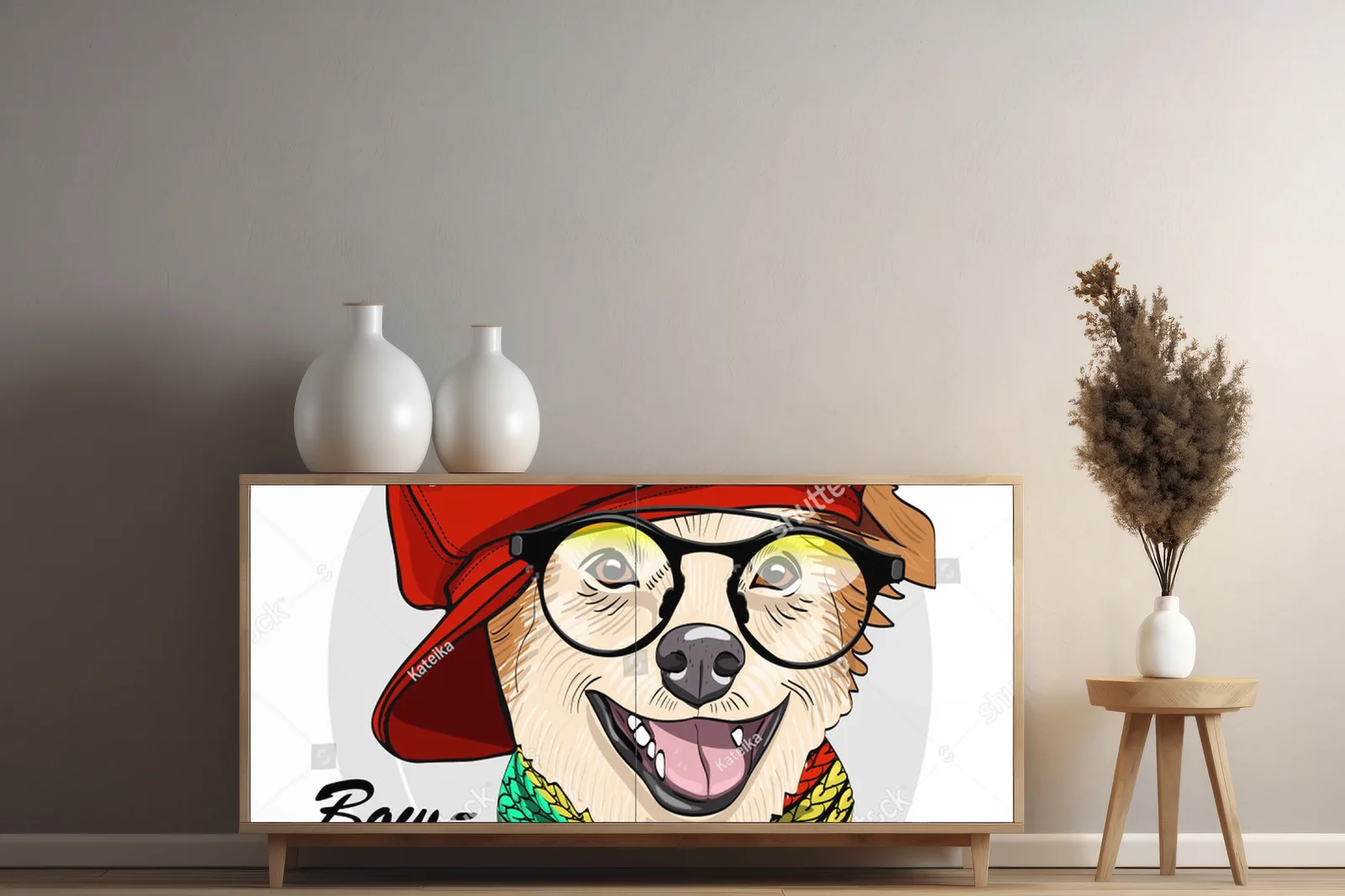 Stylowy pies z czerwonym akcentem wśród bieli