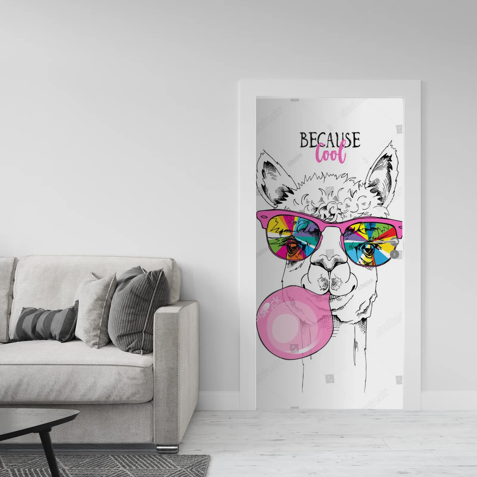 Funky lama w tęczowych okularach i różowej gumie