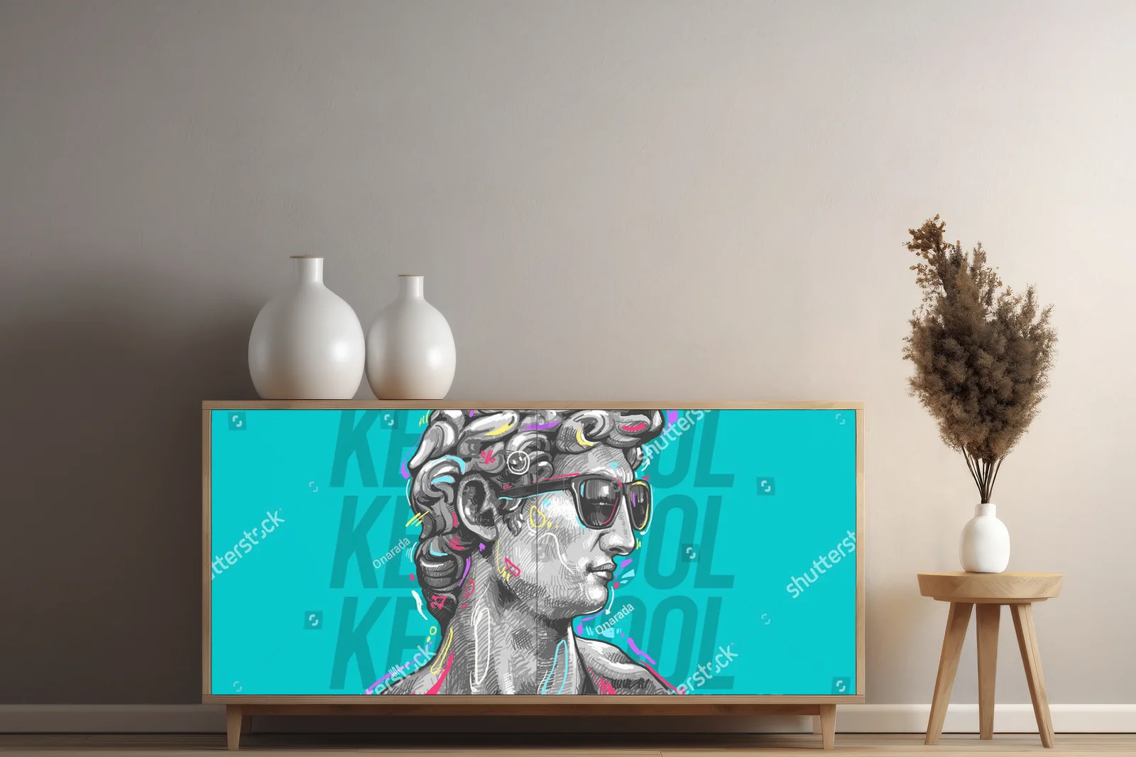 Antyczna głowa na tle nowoczesnych stylów