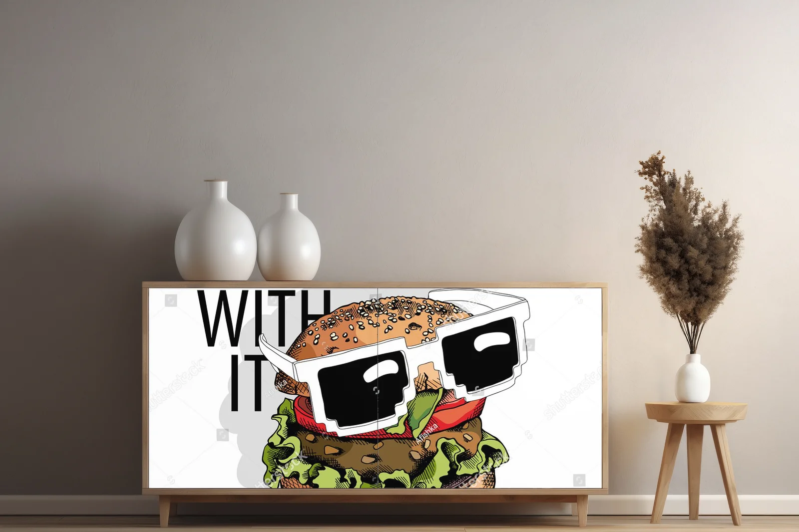 Burger z okularami pośród retro humoru